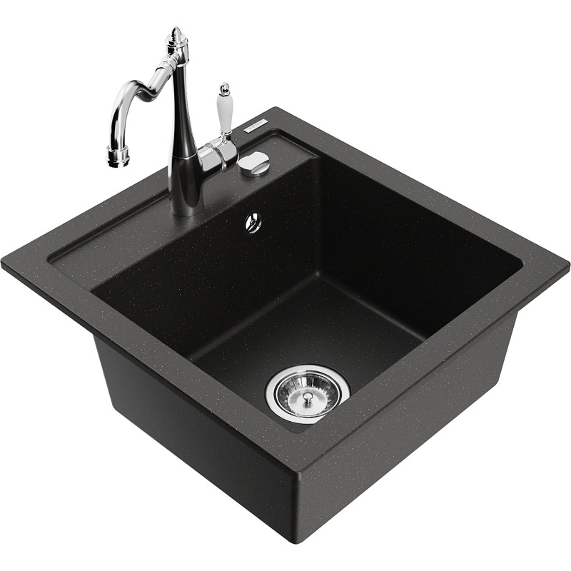 Mexen Vito fregadero de granito de 1 compartimento con grifo de cocina Carla, negro/dorado metálico - 6503-75-670700-00