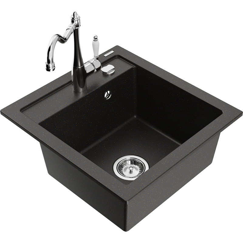 Mexen Vito Granitspüle 1-becken mit Küchenarmatur Carla, schwarz/gold metallisch - 6503-75-670700-00