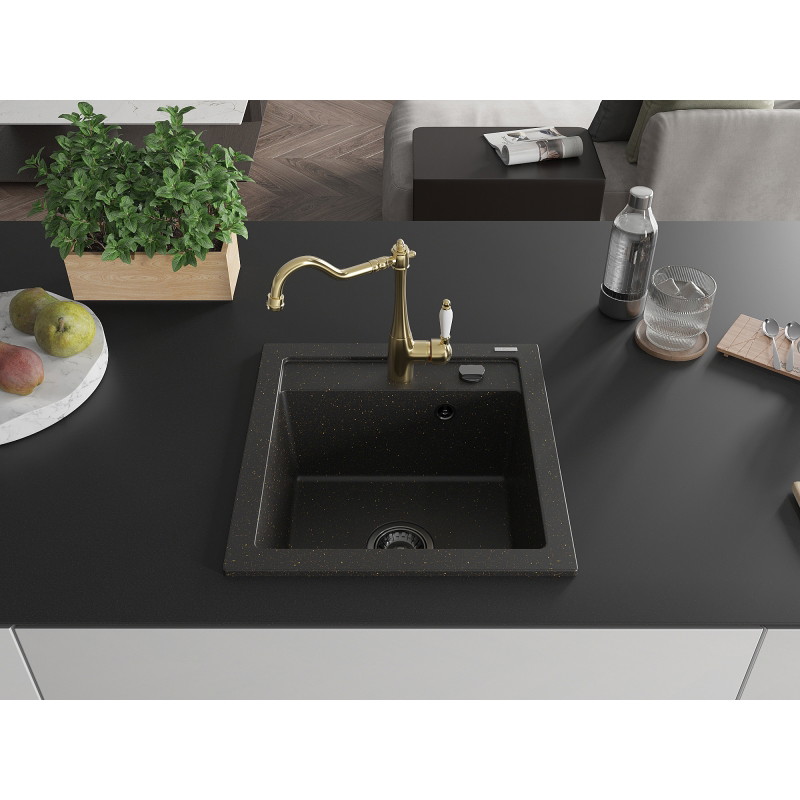 Mexen Vito granieten gootsteen 1-komorige met keukenkraan Carla, zwart/gouden metallic - 6503-75-670700-50-B