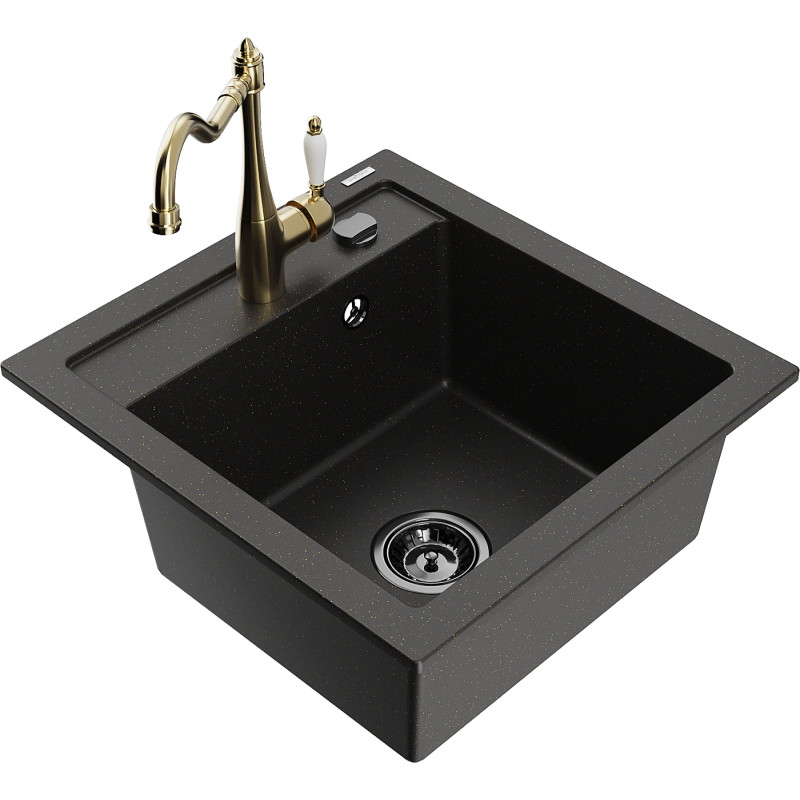Mexen Vito fregadero de granito de 1 cubeta con grifo de cocina Carla, negro/dorado metálico - 6503-75-670700-50-B