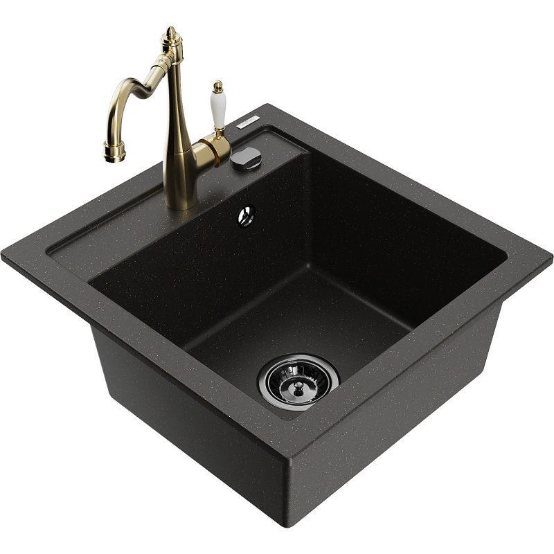Mexen Vito fregadero de granito de 1 cubeta con grifo de cocina Carla, negro/oro metálico - 6503-75-670700-50-B