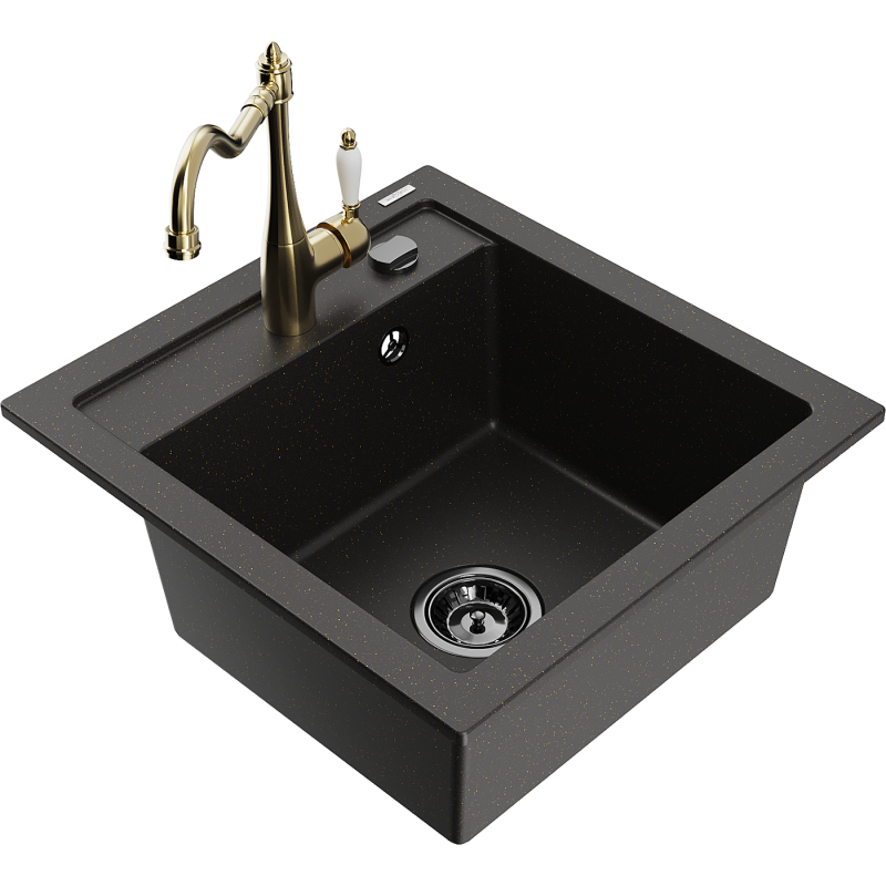 Mexen Vito granitdiskho 1-fack med köksblandare Carla, svart/guld metallic - 6503-75-670700-50-B