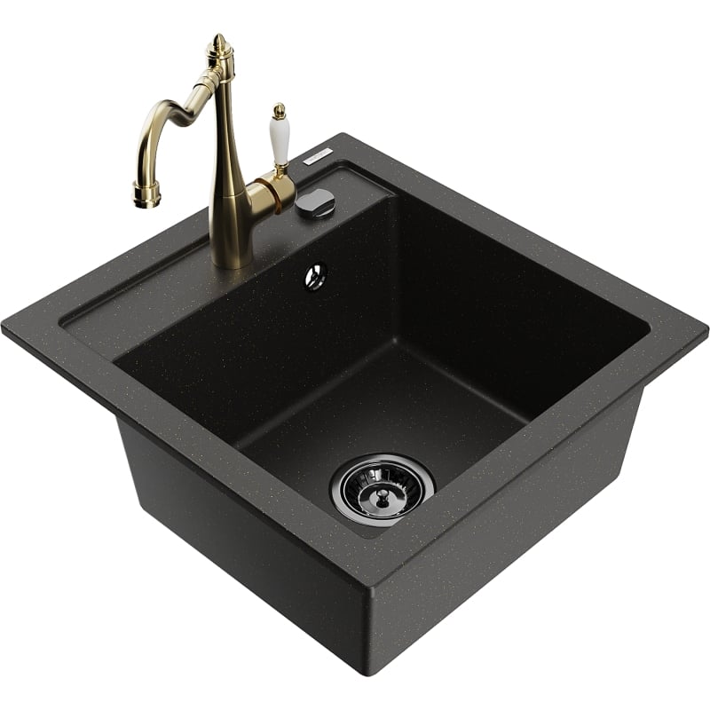 Mexen Vito granite 1-bowl sink with Carla kitchen faucet, black/gold metallic - 6503-75-670700-50-B