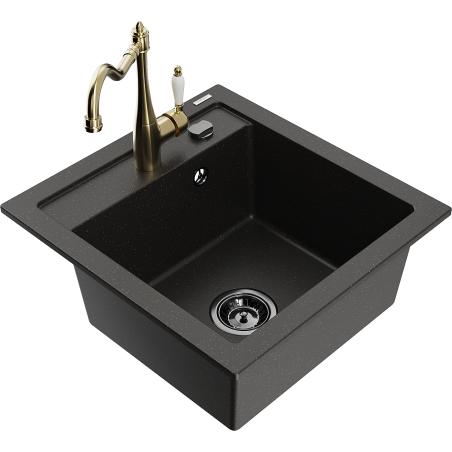 Mexen Vito granieten spoelbak 1-komers met keukenmengkraan Carla, zwart/goud metallic - 6503-75-670700-50-B