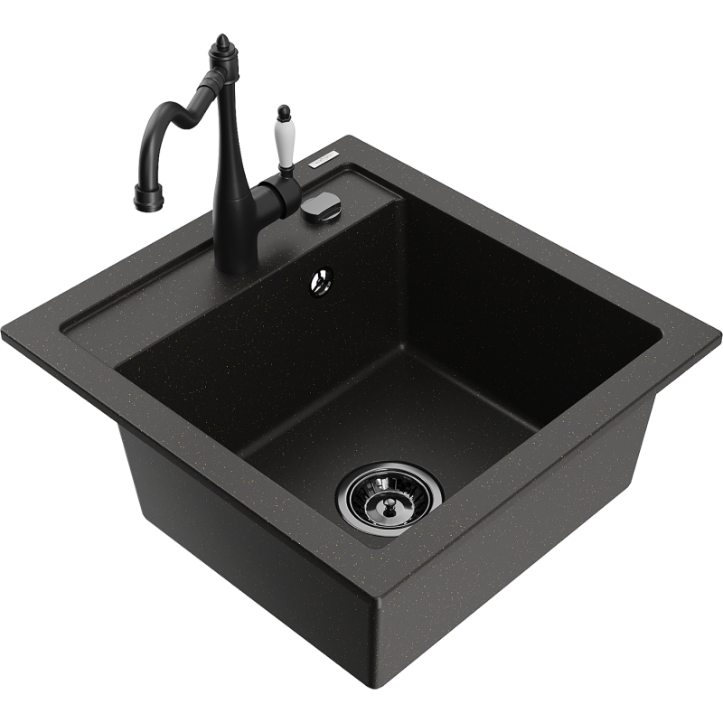 Mexen Vito fregadero de granito de 1 cubeta con grifo de cocina Carla, negro/dorado metálico - 6503-75-670700-70-B