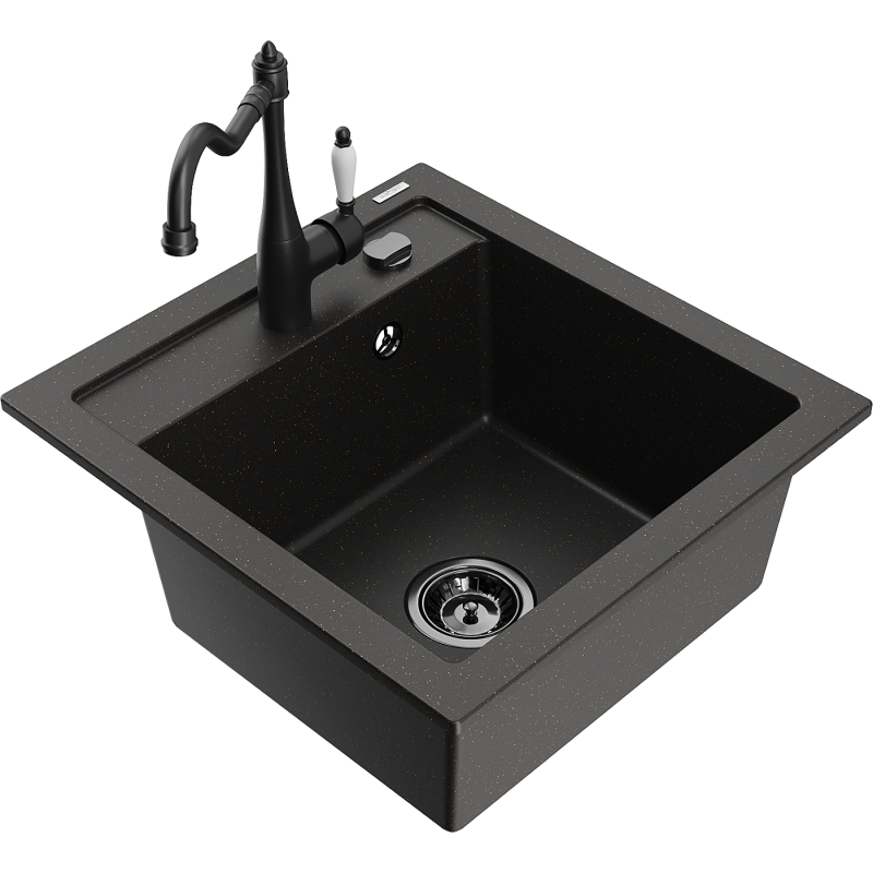 Mexen Vito granite kitchen sink 1-bowl with Carla kitchen tap, black/gold metallic - 6503-75-670700-70-B