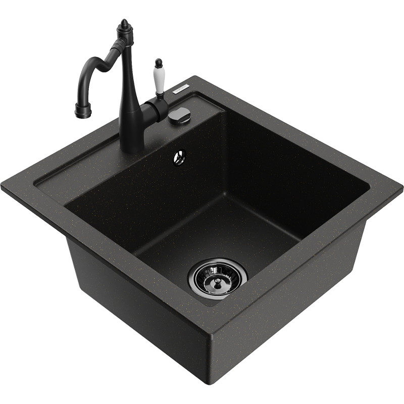 Mexen Vito granitische spoelbak met 1 bak en keukenkraan Carla, zwart/goud metallic - 6503-75-670700-70-B