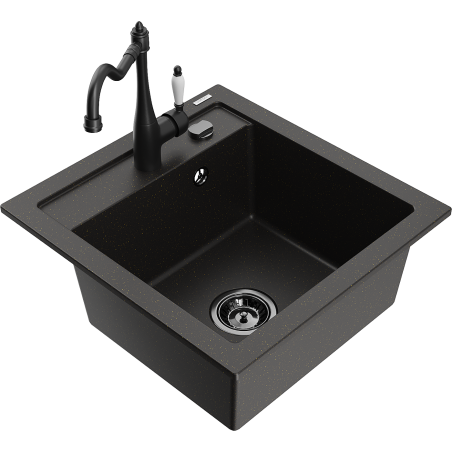 Mexen Vito granite kitchen sink 1-bowl with Carla kitchen tap, black/gold metallic - 6503-75-670700-70-B