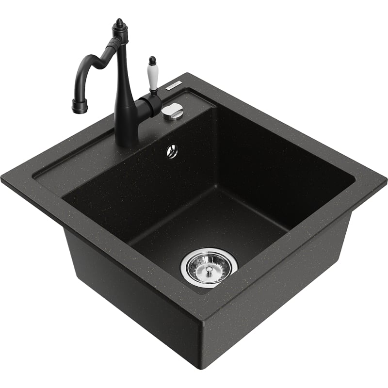 Mexen Vito 1-bowl granite sink with Carla kitchen faucet, black/gold metallic - 6503-75-670700-70