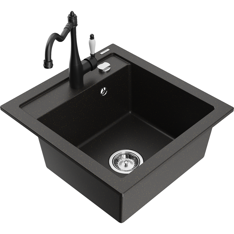 Mexen Vito lavello in granito 1-vasca con rubinetto da cucina Carla, nero/oro metallizzato - 6503-75-670700-70