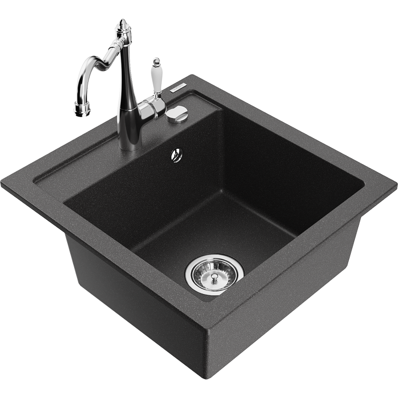 Mexen Vito 1-bowl granite sink with Carla kitchen faucet, black speckled - 6503-76-670700-00