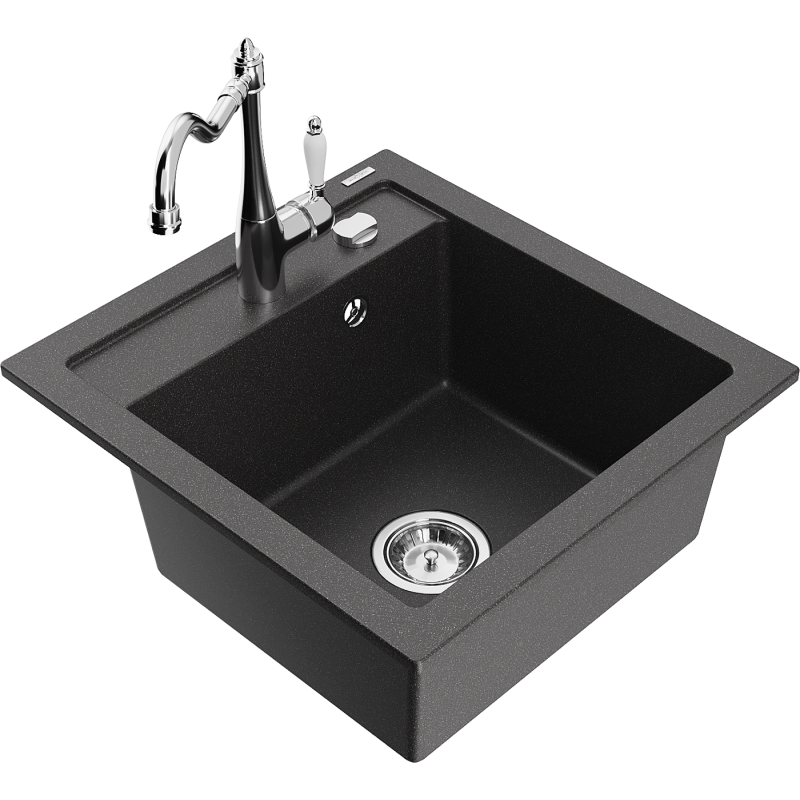 Mexen Vito fregadero de granito de 1 cubeta con grifo de cocina Carla, negro moteado - 6503-76-670700-00