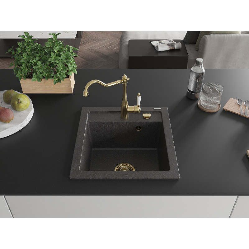 Mexen Vito fregadero de granito de 1 cámara con grifo de cocina Carla, negro moteado - 6503-76-670700-50