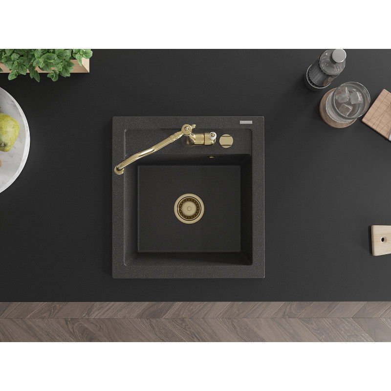Mexen Vito 1-bowl granite sink with Carla kitchen tap, black speckled - 6503-76-670700-50