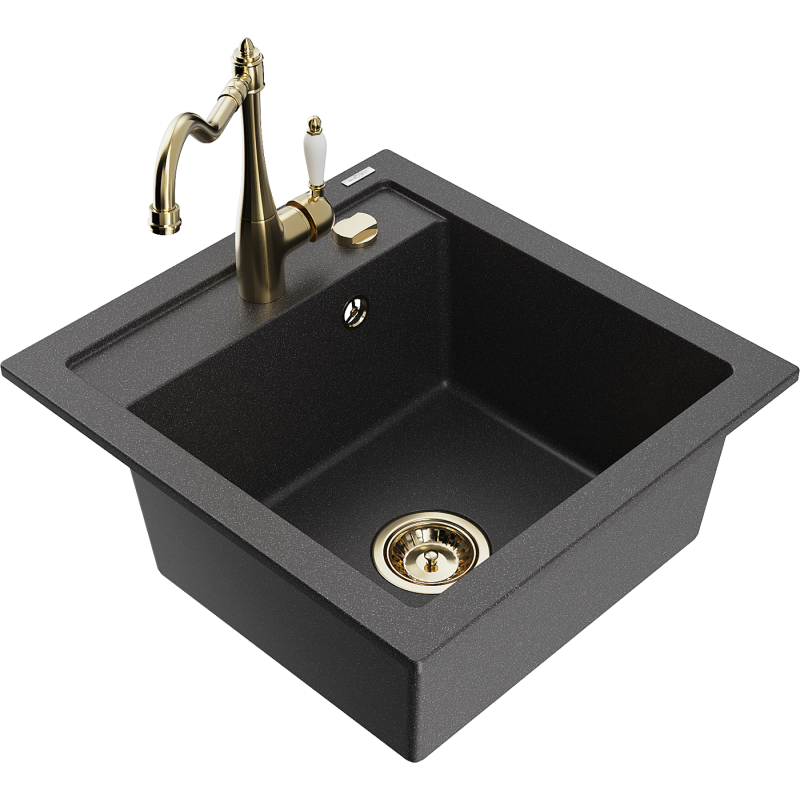 Mexen Vito lava-louça de granito de 1 cuba com torneira de cozinha Carla, preto salpicado - 6503-76-670700-50