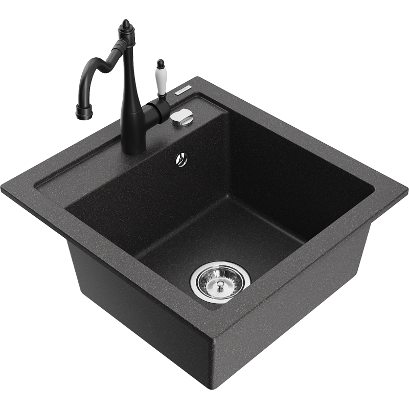 Mexen Vito fregadero de granito de 1 cubeta con grifo de cocina Carla, negro moteado - 6503-76-670700-70