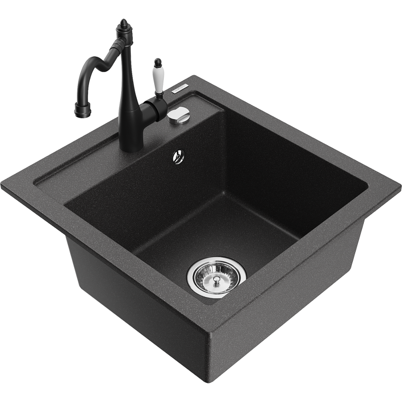 Mexen Vito granite kitchen sink 1-bowl with Carla kitchen tap, black speckled - 6503-76-670700-70