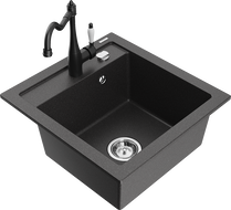 Mexen Vito 1-bowl granite sink with kitchen faucet Carla, black speckled - 6503-76-670700-70