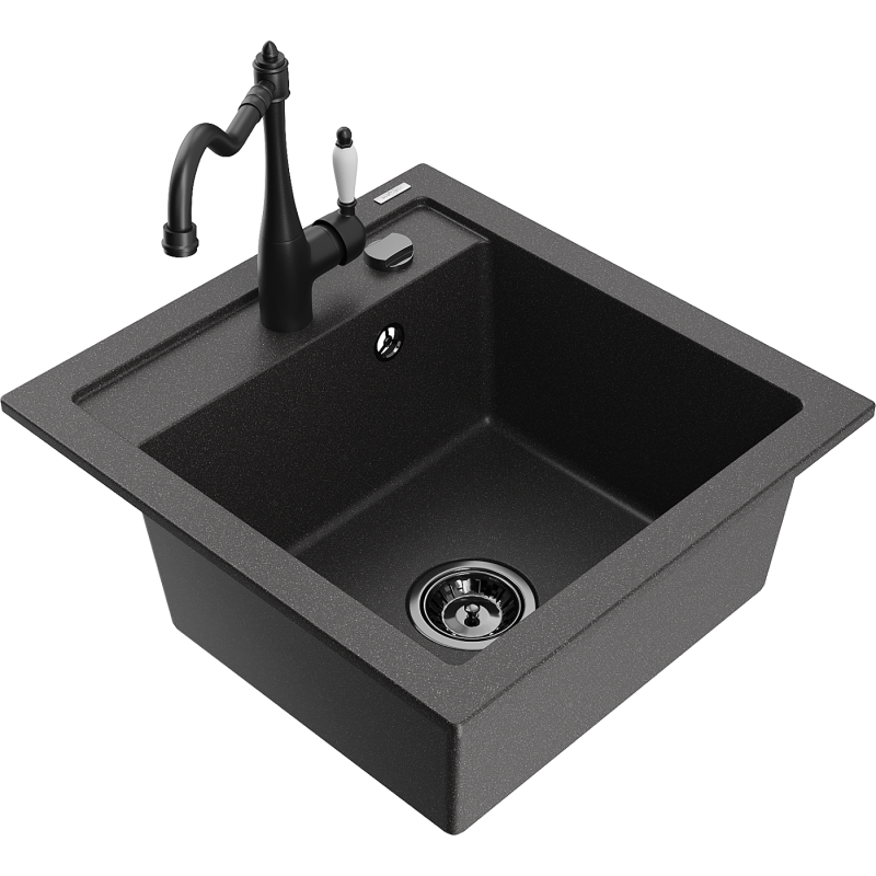 Mexen Vito fregadero de granito de 1 cámara con grifo de cocina Carla, negro moteado - 6503-76-670700-70-B