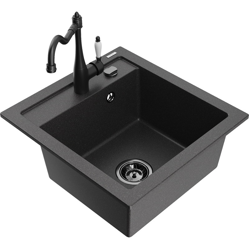 Mexen Vito fregadero de granito de 1 seno con grifo de cocina Carla, negro moteado - 6503-76-670700-70-B