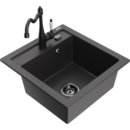 Mexen Vito fregadero de granito de 1 cubeta con grifo de cocina Carla, negro moteado - 6503-76-670700-70-B