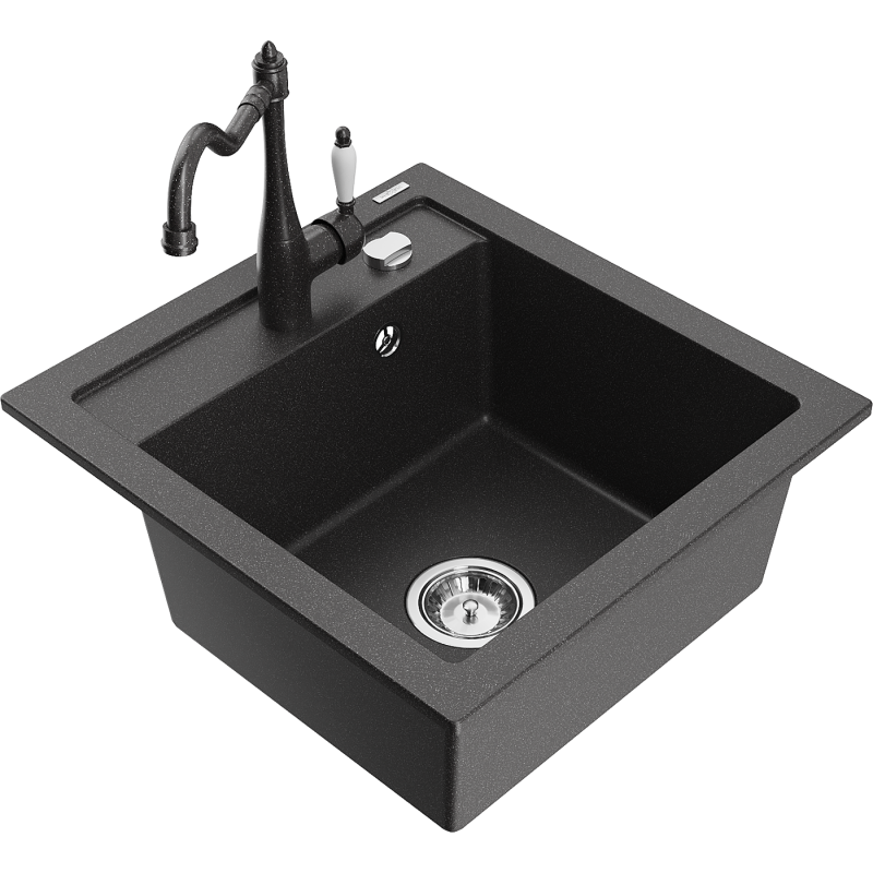 Mexen Vito fregadero de granito de 1 cubeta con grifo de cocina Carla, negro moteado - 6503-76-670700-76