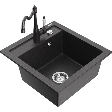 Mexen Vito fregadero de granito de 1 cubeta con grifo de cocina Carla, negro moteado - 6503-76-670700-76