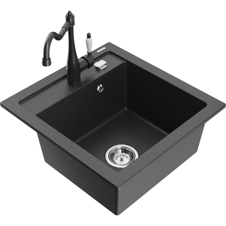 Mexen Vito granite sink 1-bowl with Carla kitchen tap, black speckled - 6503-76-670700-76