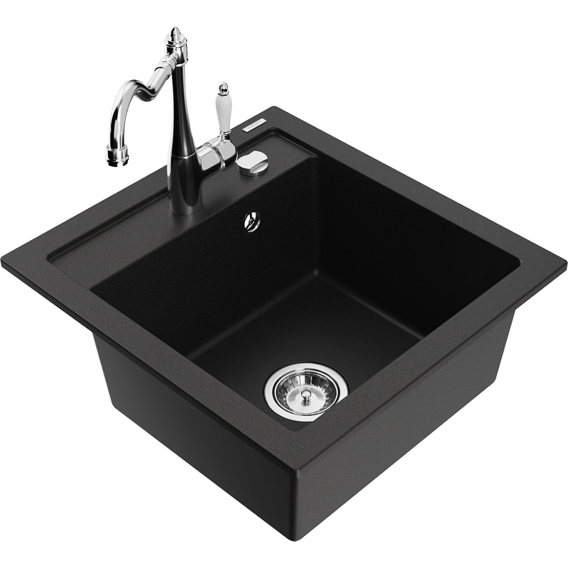 Mexen Vito granite sink 1-bowl with Carla kitchen tap, black - 6503-77-670700-00