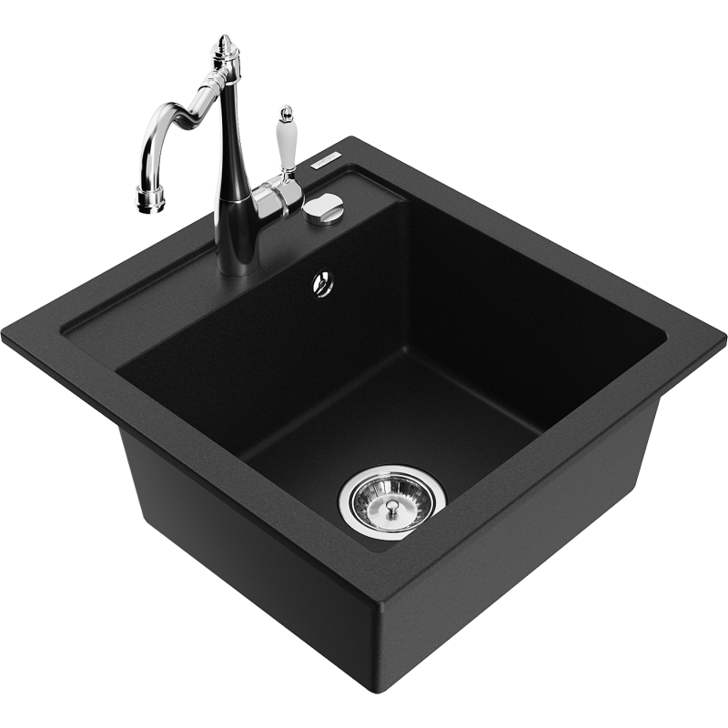 Mexen Vito lava-loiça de granito 1-bacia com torneira de cozinha Carla, preto - 6503-77-670700-00