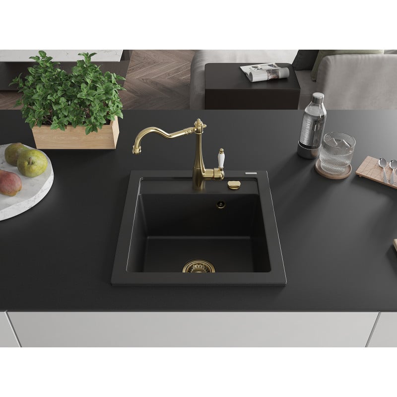 Mexen Vito 1-bowl granite sink with Carla kitchen tap, black - 6503-77-670700-50