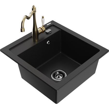 Mexen Vito granite sink 1-compartment with Carla kitchen tap, black - 6503-77-670700-50-B