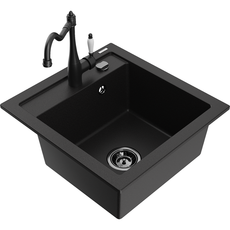 Mexen Vito fregadero de granito de 1 compartimento con grifo de cocina Carla, negro - 6503-77-670700-70-B