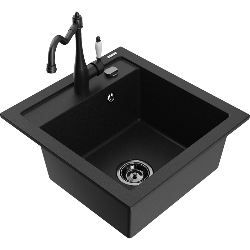 Mexen Vito fregadero de granito de 1 cubeta con grifo de cocina Carla, negro - 6503-77-670700-70-B