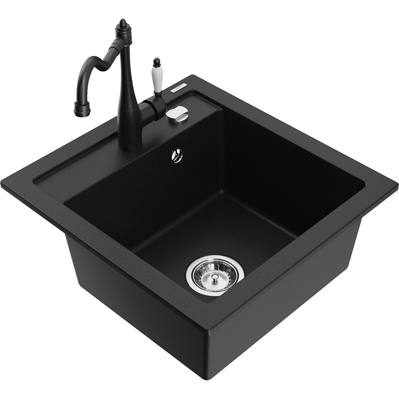 Mexen Vito granite kitchen sink 1-bowl with Carla kitchen tap, black - 6503-77-670700-70