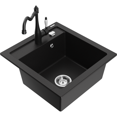 Mexen Vito granite kitchen sink 1-bowl with Carla kitchen tap, black - 6503-77-670700-70