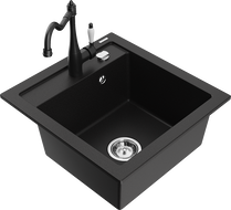 Mexen Vito granite sink 1-bowl with kitchen faucet Carla, black - 6503-77-670700-70
