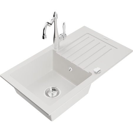Mexen Pablo granite kitchen sink 1-bowl with drainer and kitchen mixer tap Carla, white - 6510-20-670700-00