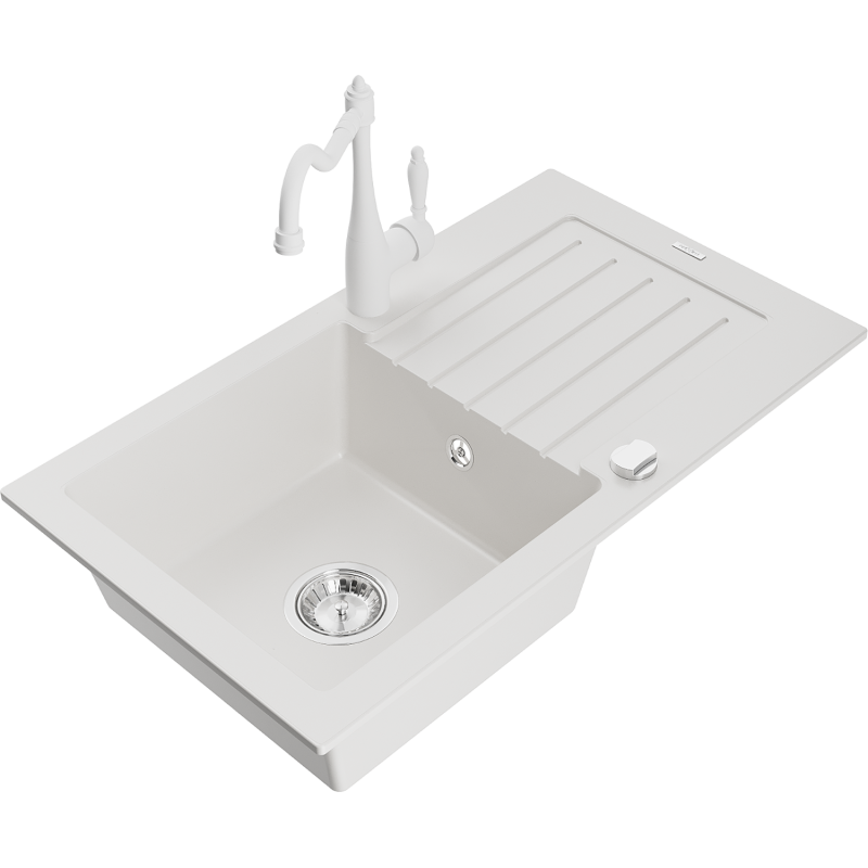 Mexen Pablo lava-louça de granito de 1 bacia com escorredor e torneira de cozinha Carla, branco - 6510-20-670700-20