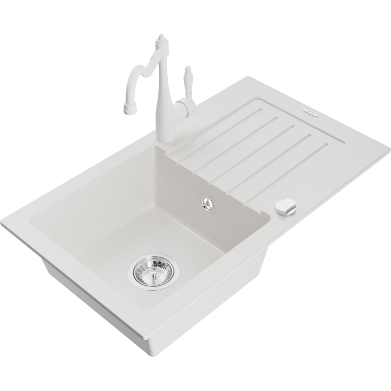 Mexen Pablo yksi-allasinen graniittinen keittiöallas valutustasolla ja Carla-keittiöhana, valkoinen - 6510-20-670700-20