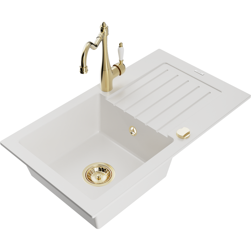 Mexen Pablo granitdiskho med 1-ho, avloppsbricka och kökskran Carla, vit - 6510-20-670700-50