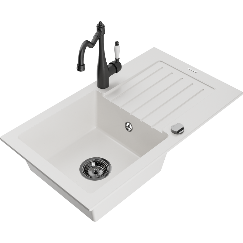 Mexen Pablo granite sink 1-bowl with drainer and Carla kitchen tap, white - 6510-20-670700-70