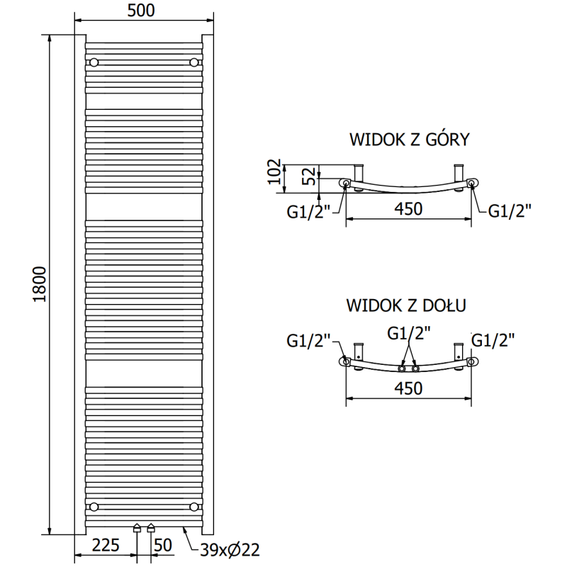 Mexen Ares badrumselement 1800 x 500 mm, 820 W, vit - W102-1800-500-00-20