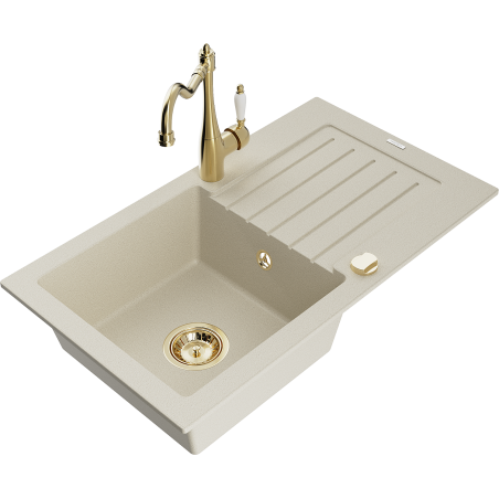 Mexen Pablo 1-bowl granite sink with drainer and kitchen faucet Carla, beige - 6510-69-670700-50