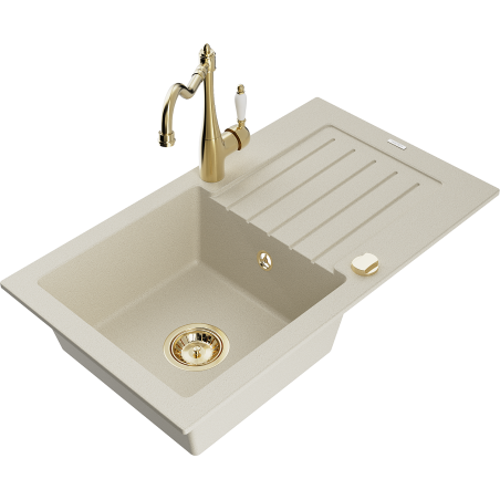 Mexen Pablo Granitspüle 1-Becken mit Abtropffläche und Küchenarmatur Carla, beige - 6510-69-670700-50