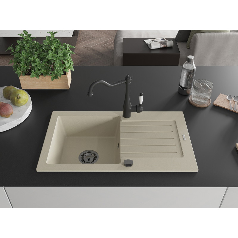 Mexen Pablo fregadero de granito de 1 seno con escurridor y grifo de cocina Carla, beige - 6510-69-670700-70