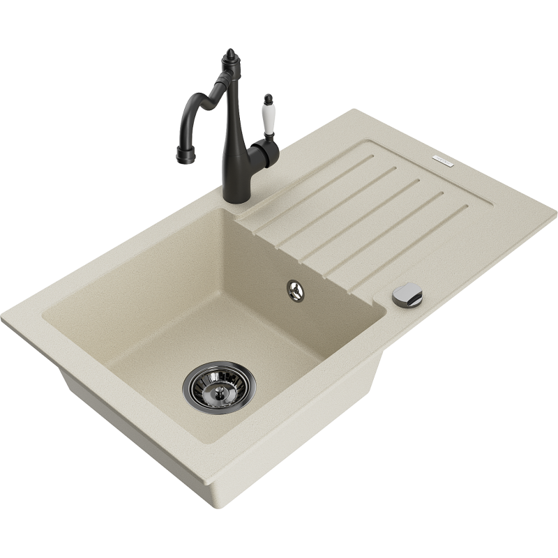 Mexen Pablo fregadero de granito 1-cubeta con escurridor y grifo de cocina Carla, beige - 6510-69-670700-70