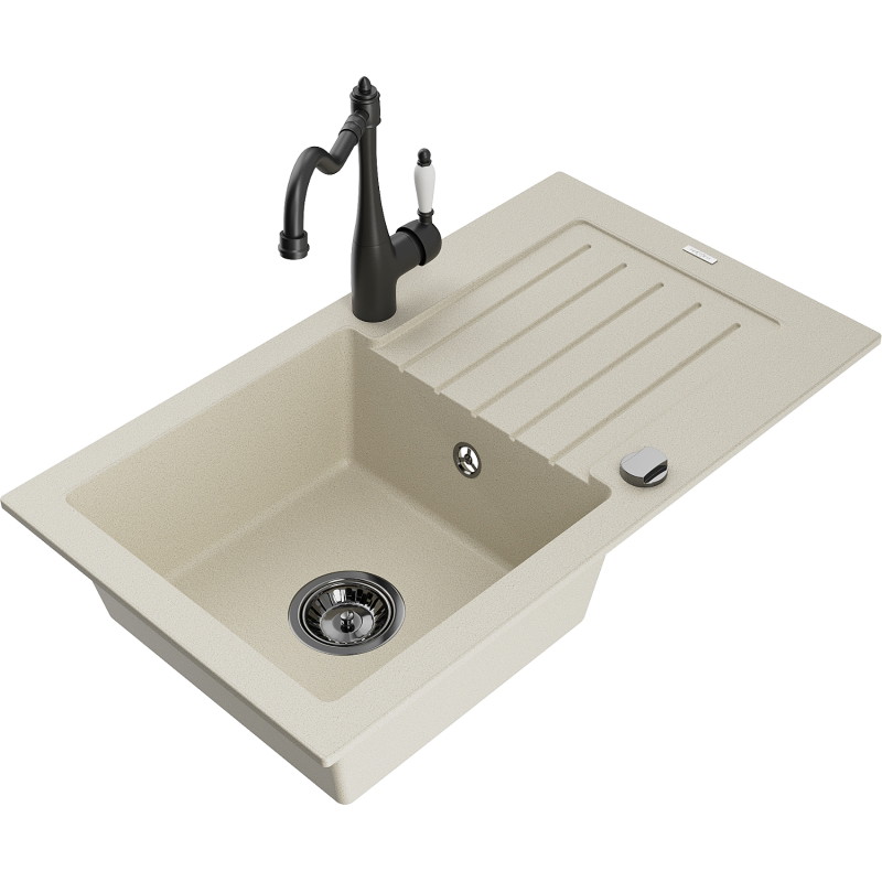 Mexen Pablo fregadero de granito de 1 seno con escurridor y grifo de cocina Carla, beige - 6510-69-670700-70