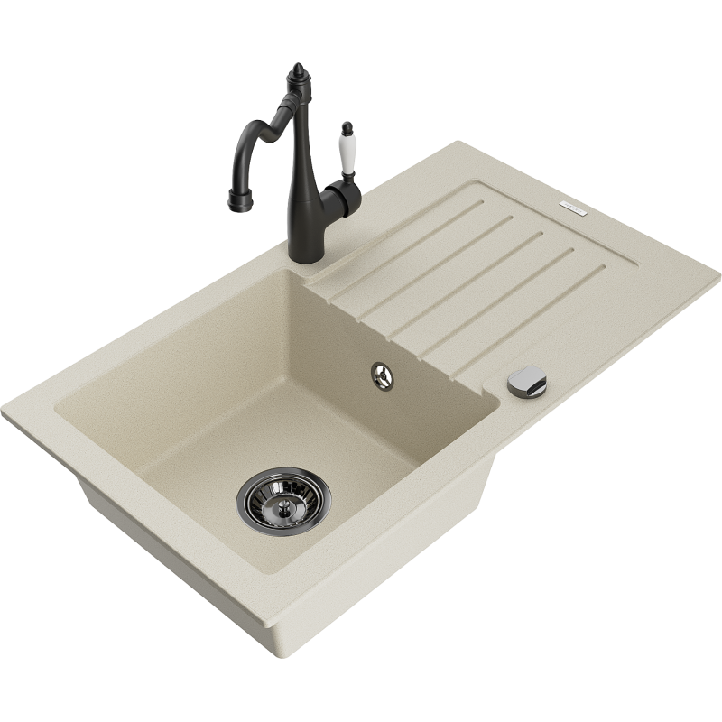 Mexen Pablo lava-loiça em granito de uma bacia com escorredor e torneira de cozinha Carla, bege - 6510-69-670700-70