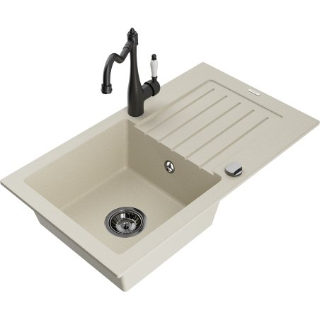 Mexen Pablo fregadero de granito 1-cubeta con escurridor y grifo de cocina Carla, beige - 6510-69-670700-70
